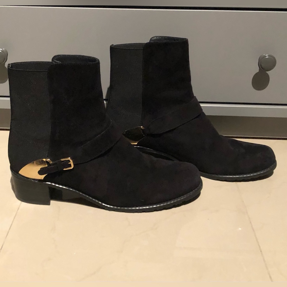 Stuart Weitzman Black Suede Boots with Gold Buckle
